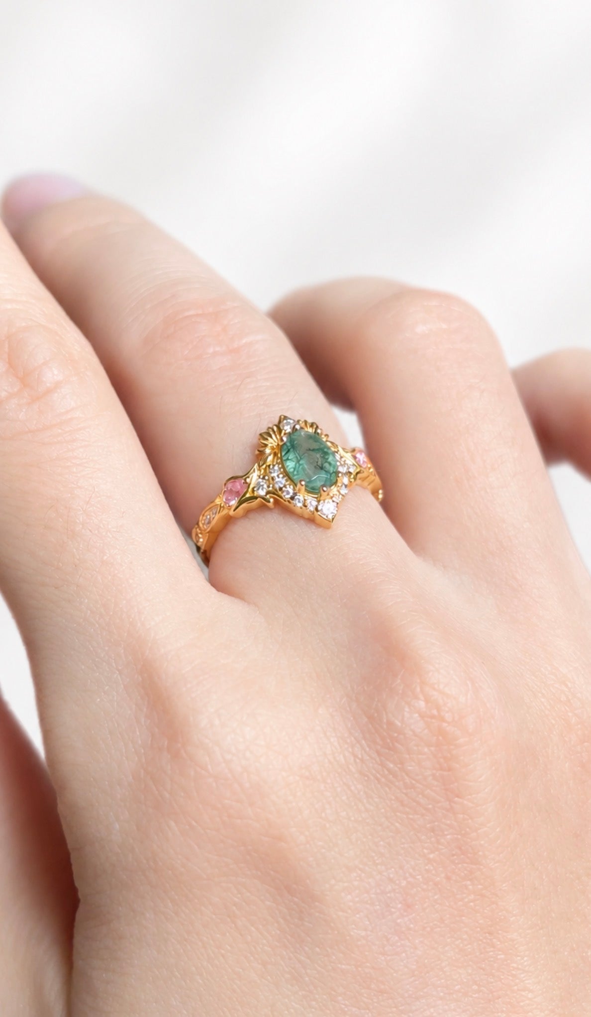 Garden Moss agate ring with Pink sapphire, Oval moss agate Engagement ring