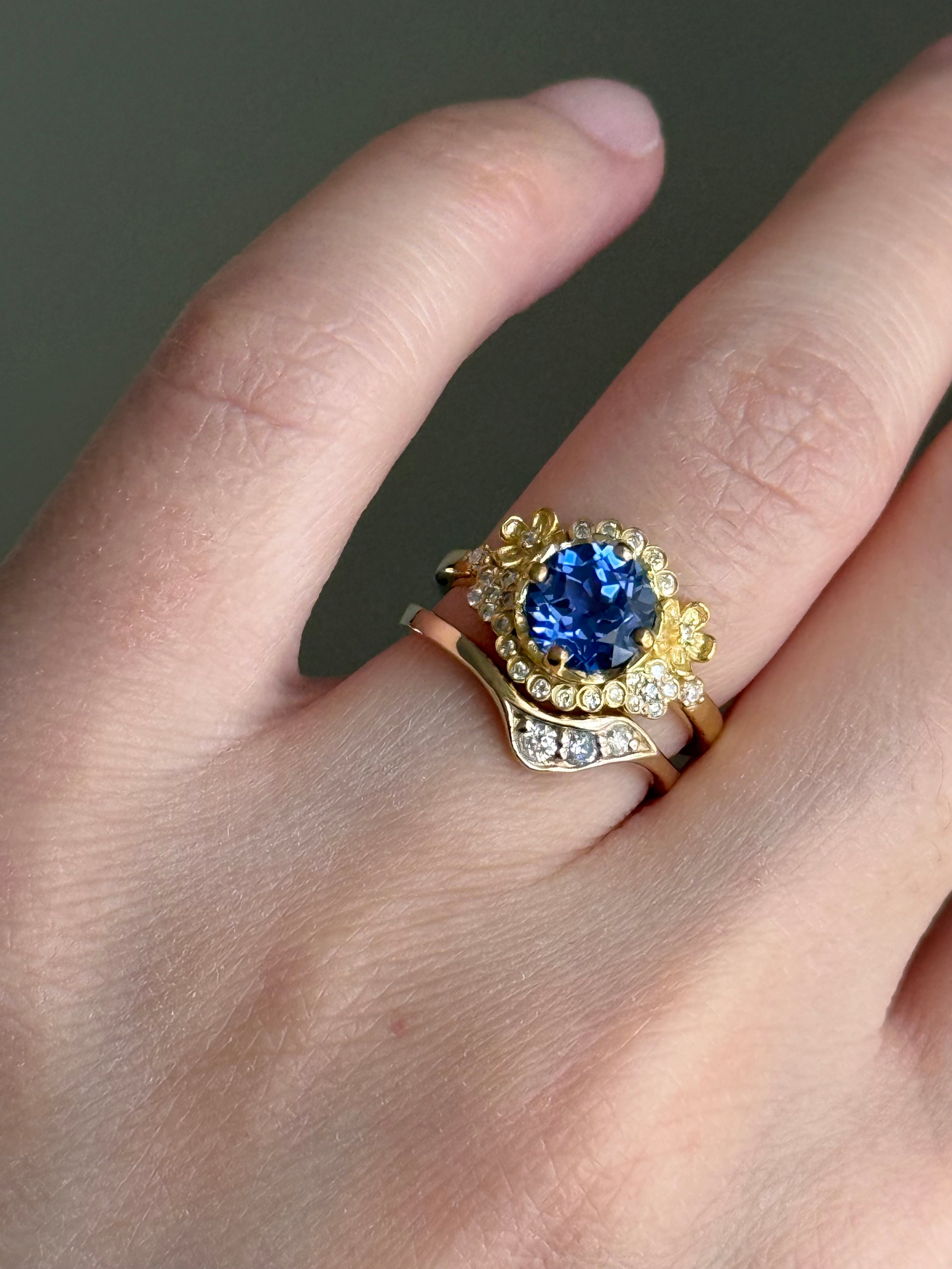 14k Yellow Gold Lab Sapphire Engagement ring, Sapphire Floral Engagement ring