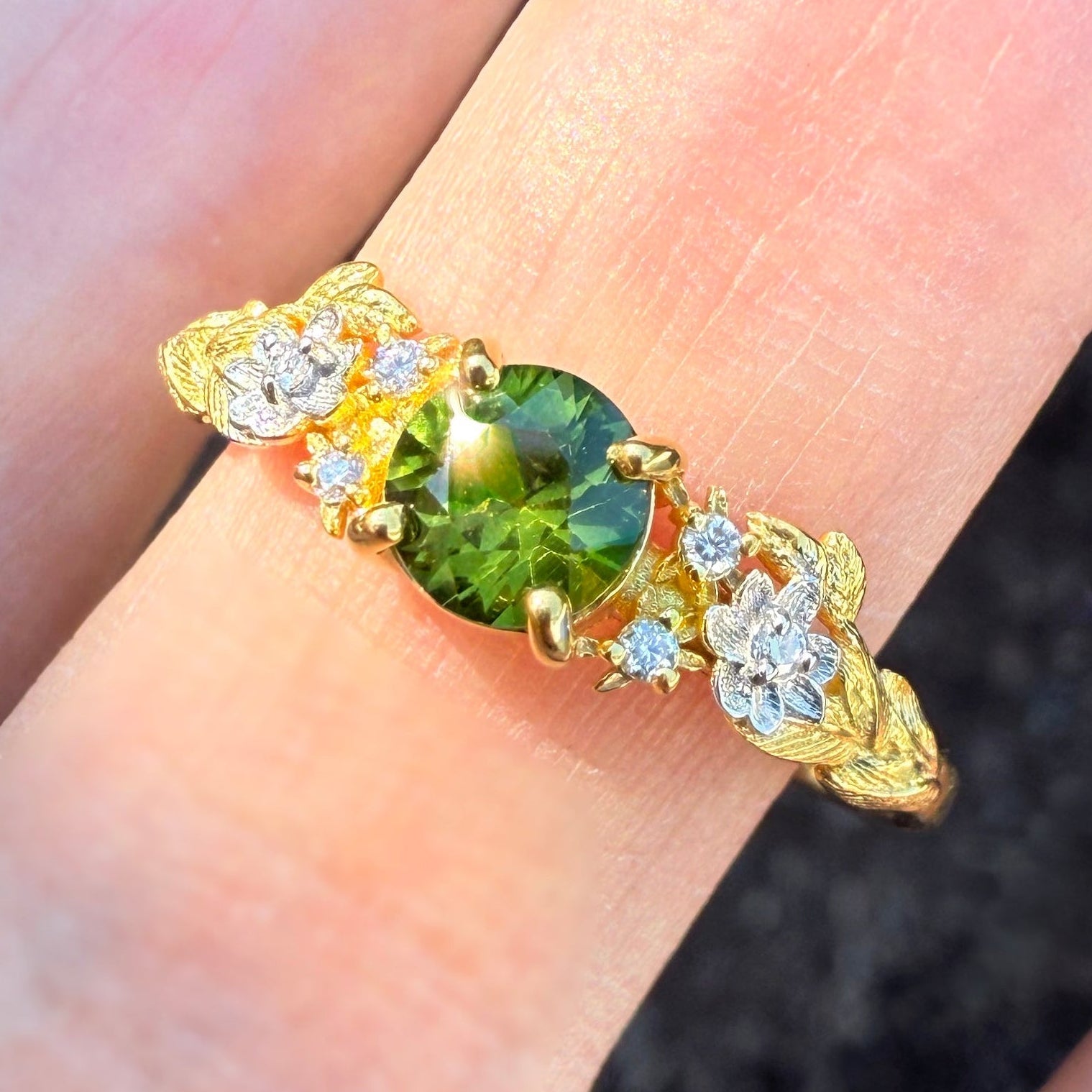 Yellow Gold Green Sapphire ring, Rare Green Blue Sapphire Engagement ring