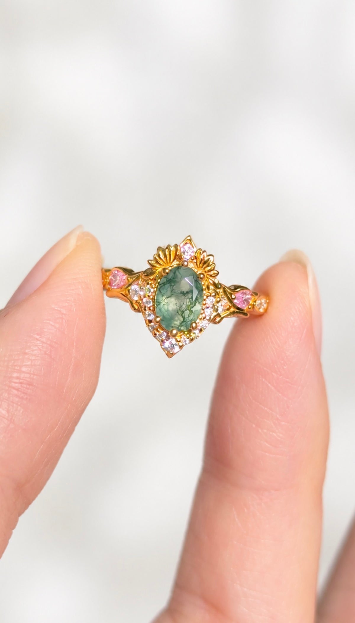 Garden Moss agate ring with Pink sapphire, Oval moss agate Engagement ring