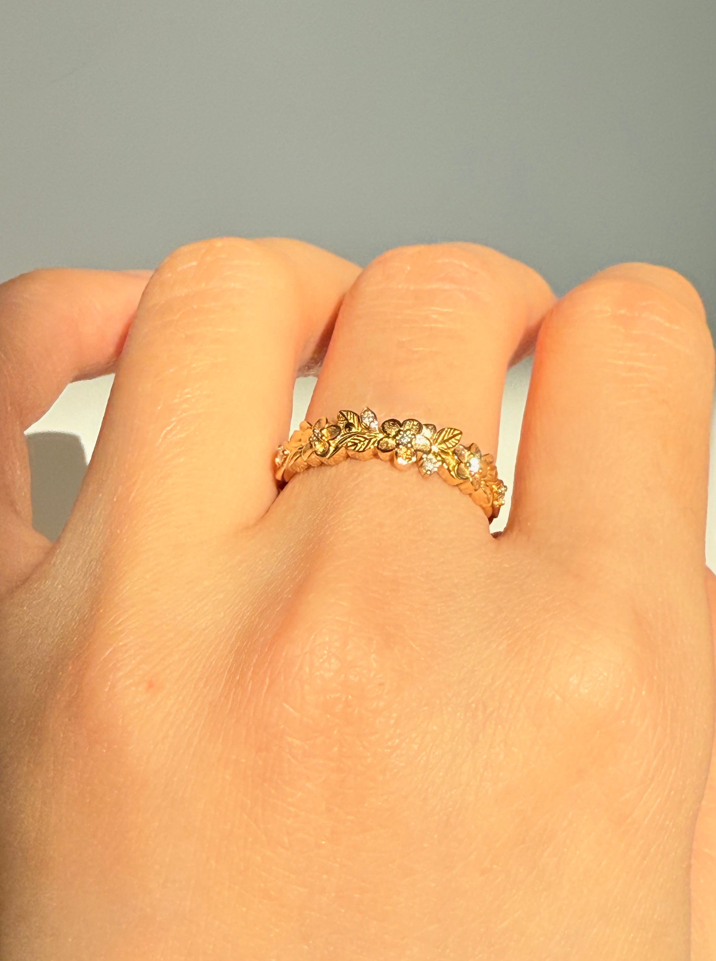 Yellow Gold Diamond Wedding Band, Floral Leafy Diamond Wedding Ring