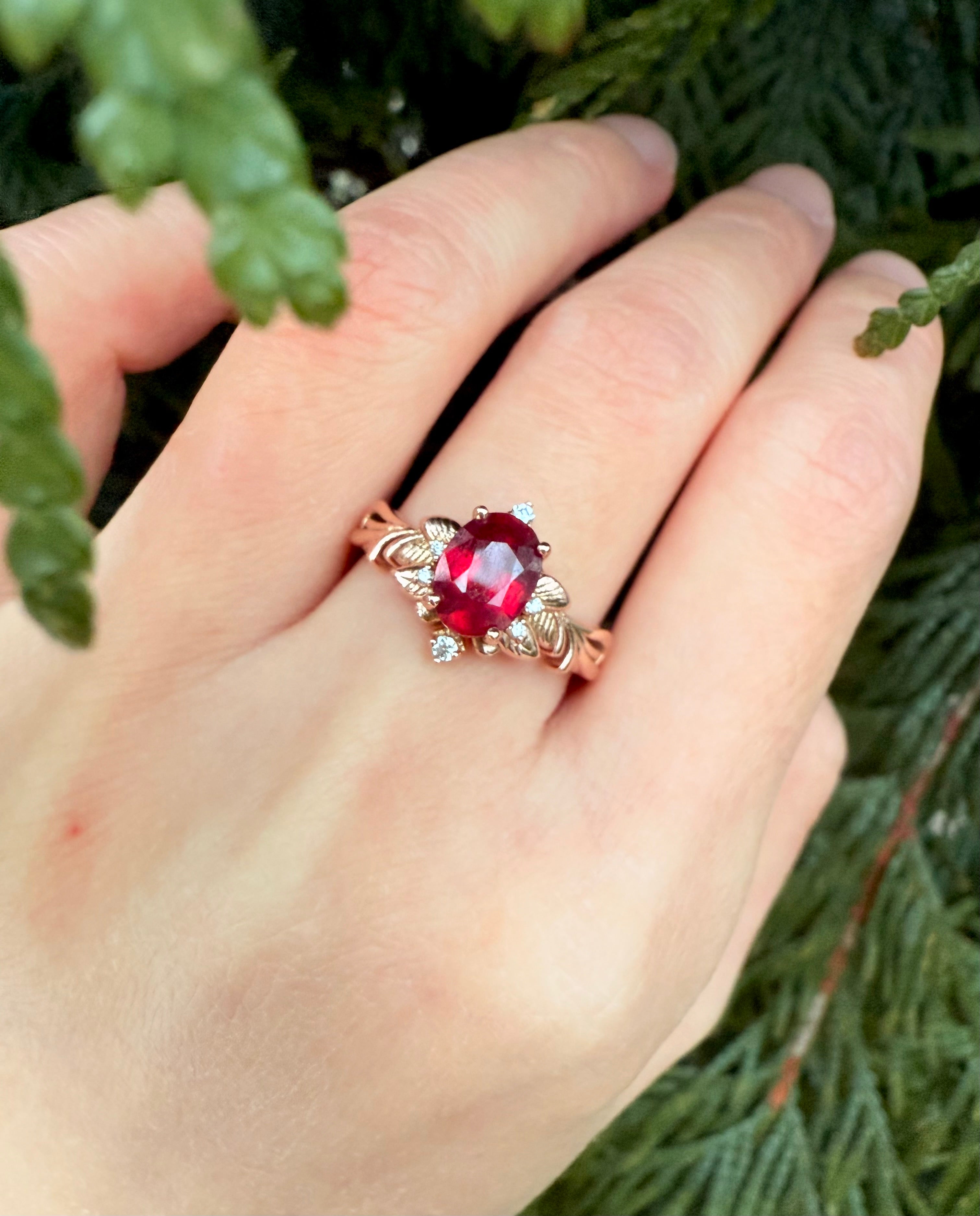 Botanic Ember Ruby Ring, Vintage Style Ruby Ring, Oval Ruby engagement ring, Ruby Jewelry