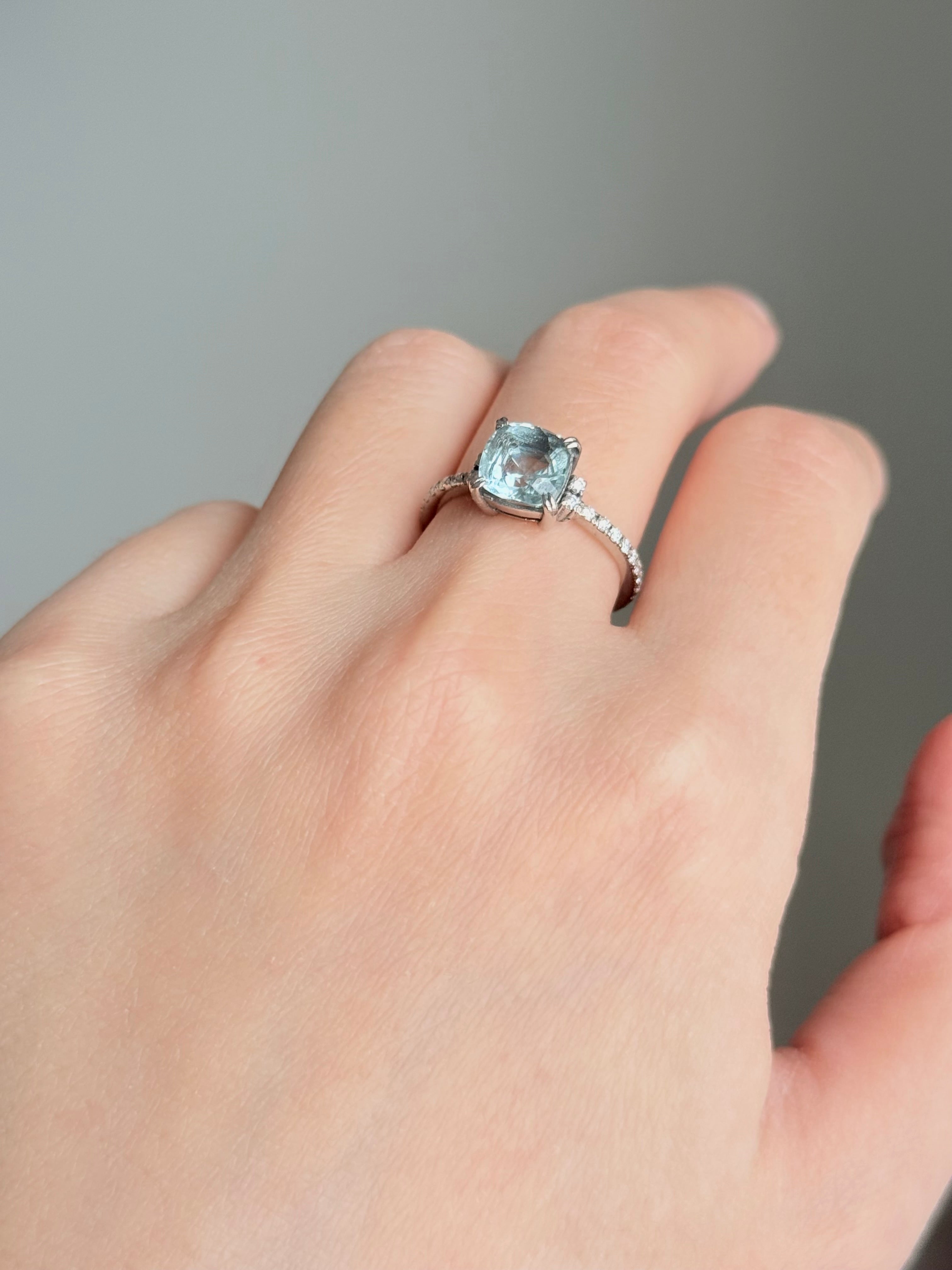 Sky Blue Aquamarine Ring, Cushion Cut Aquamarine Engagement Rings, Engagement ring