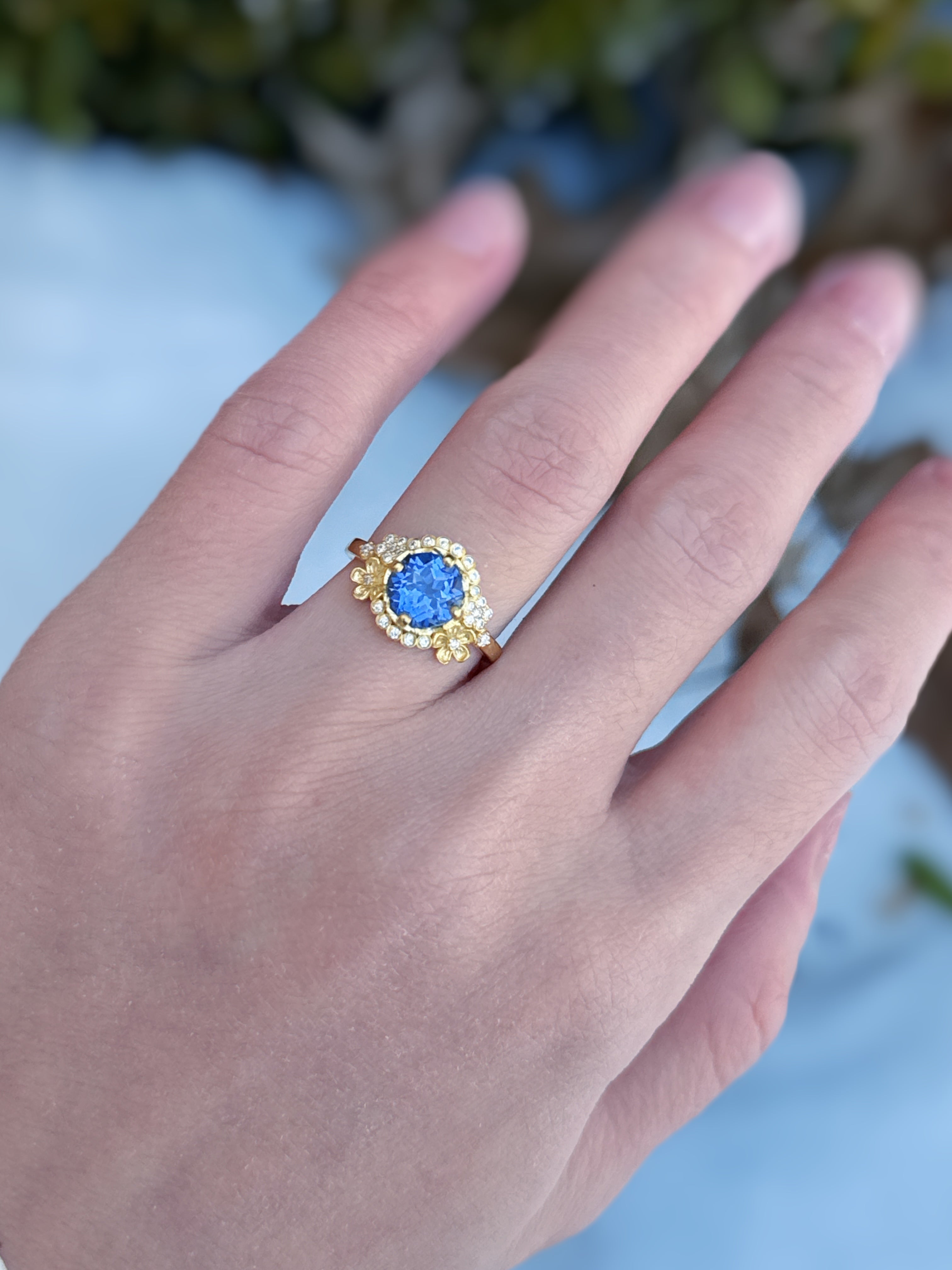 14k Yellow Gold Lab Sapphire Engagement ring, Sapphire Floral Engagement ring