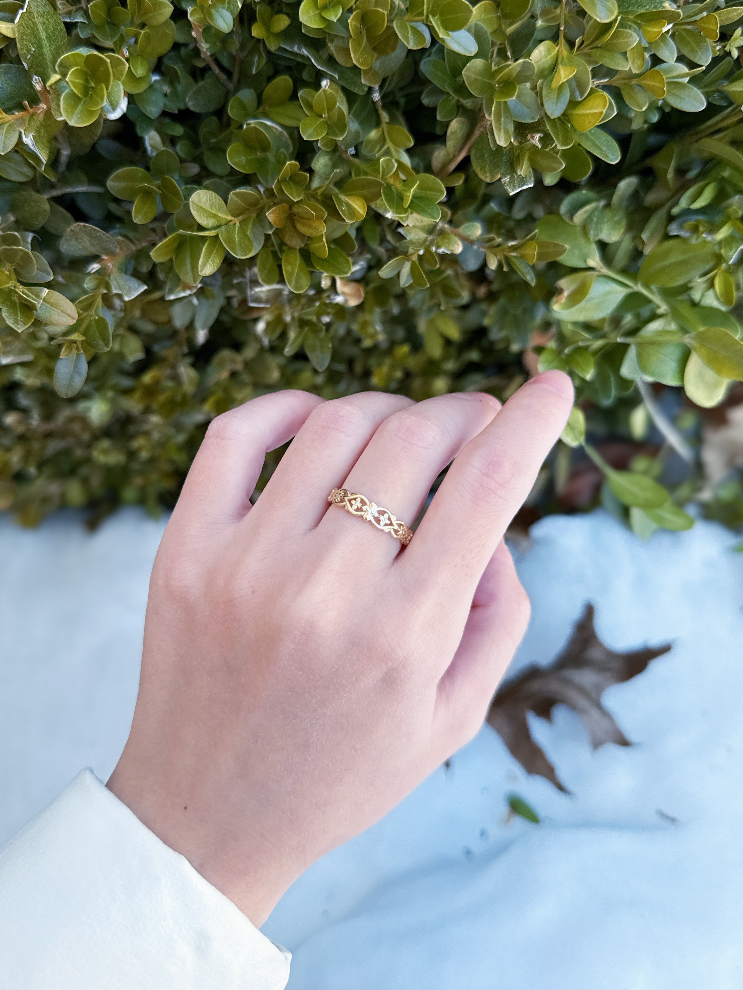 The Primrose Band, Diamond Dainty Gold Wedding Ring, Leafy Wedding band