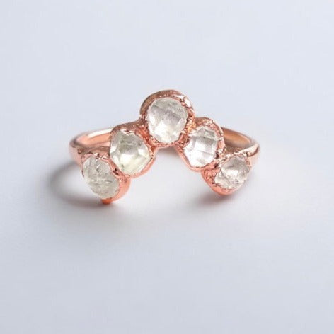 Raw Herkimer Diamond Wedding Rings, V Shaped Raw Diamond Engagement Ring