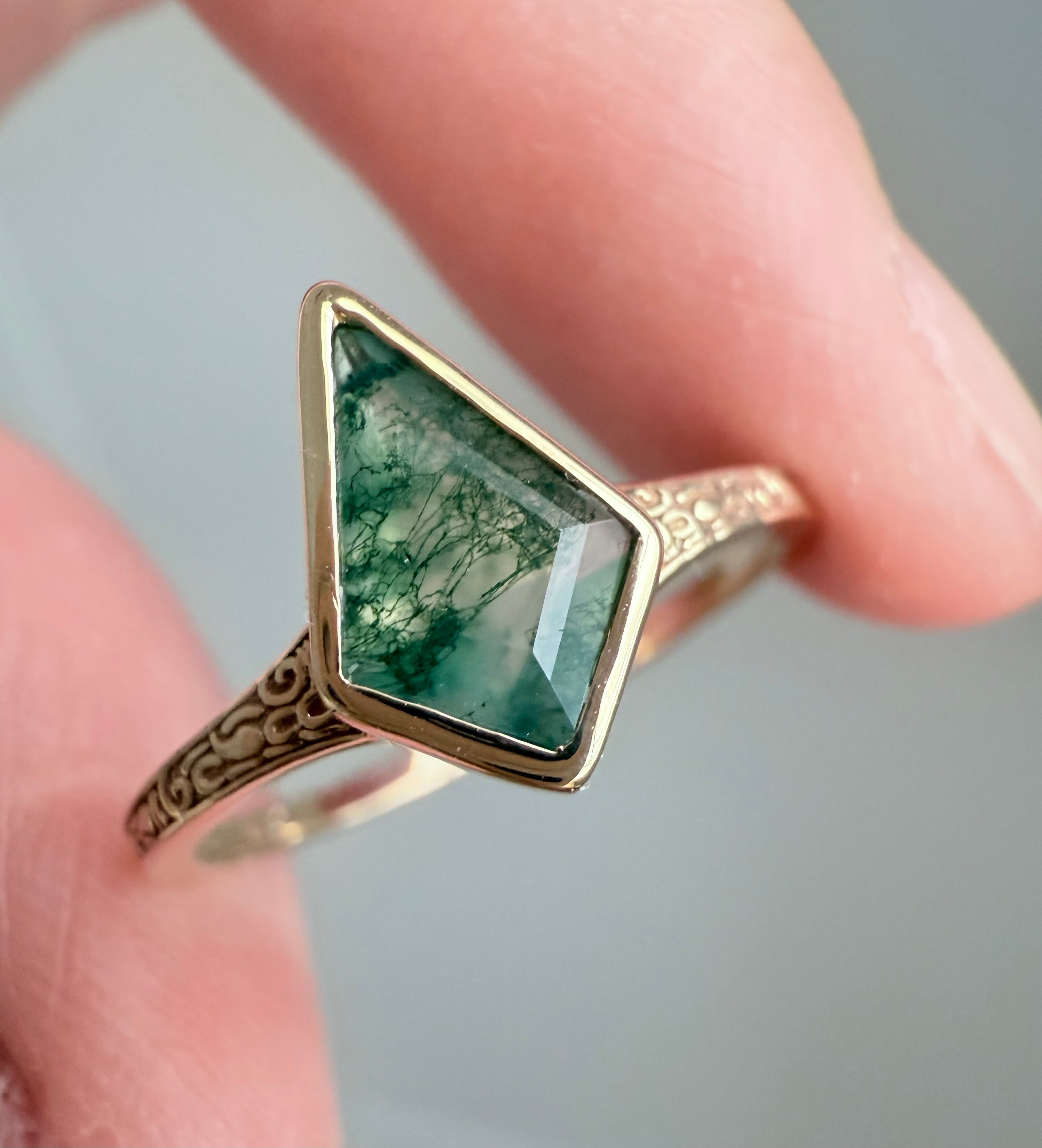 Kite Moss agate ring with diamond, Engagement ring, Moss agate Ring