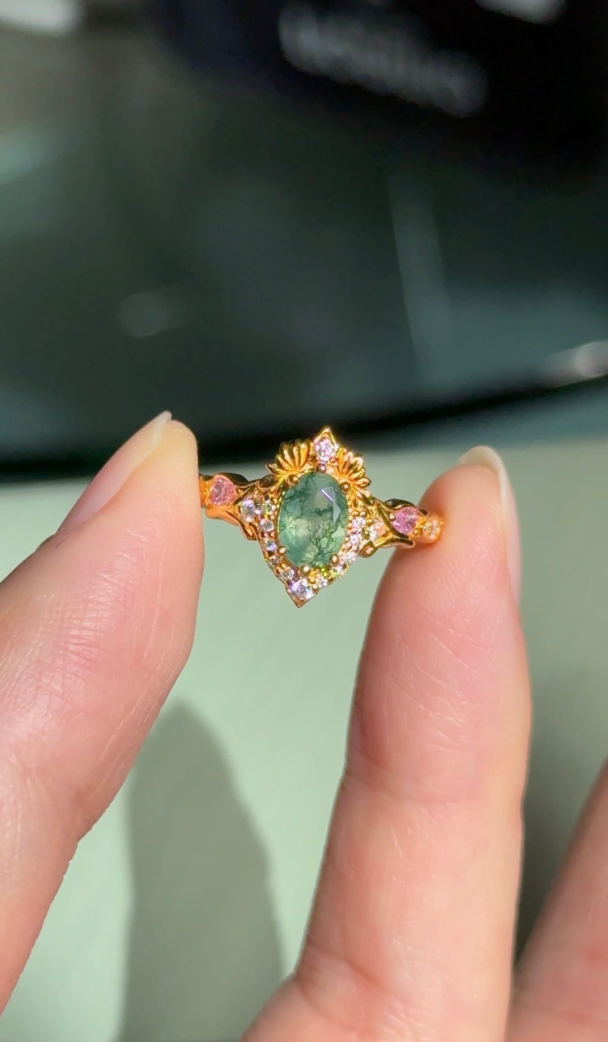 Garden Moss agate ring with Pink sapphire, Oval moss agate Engagement ring