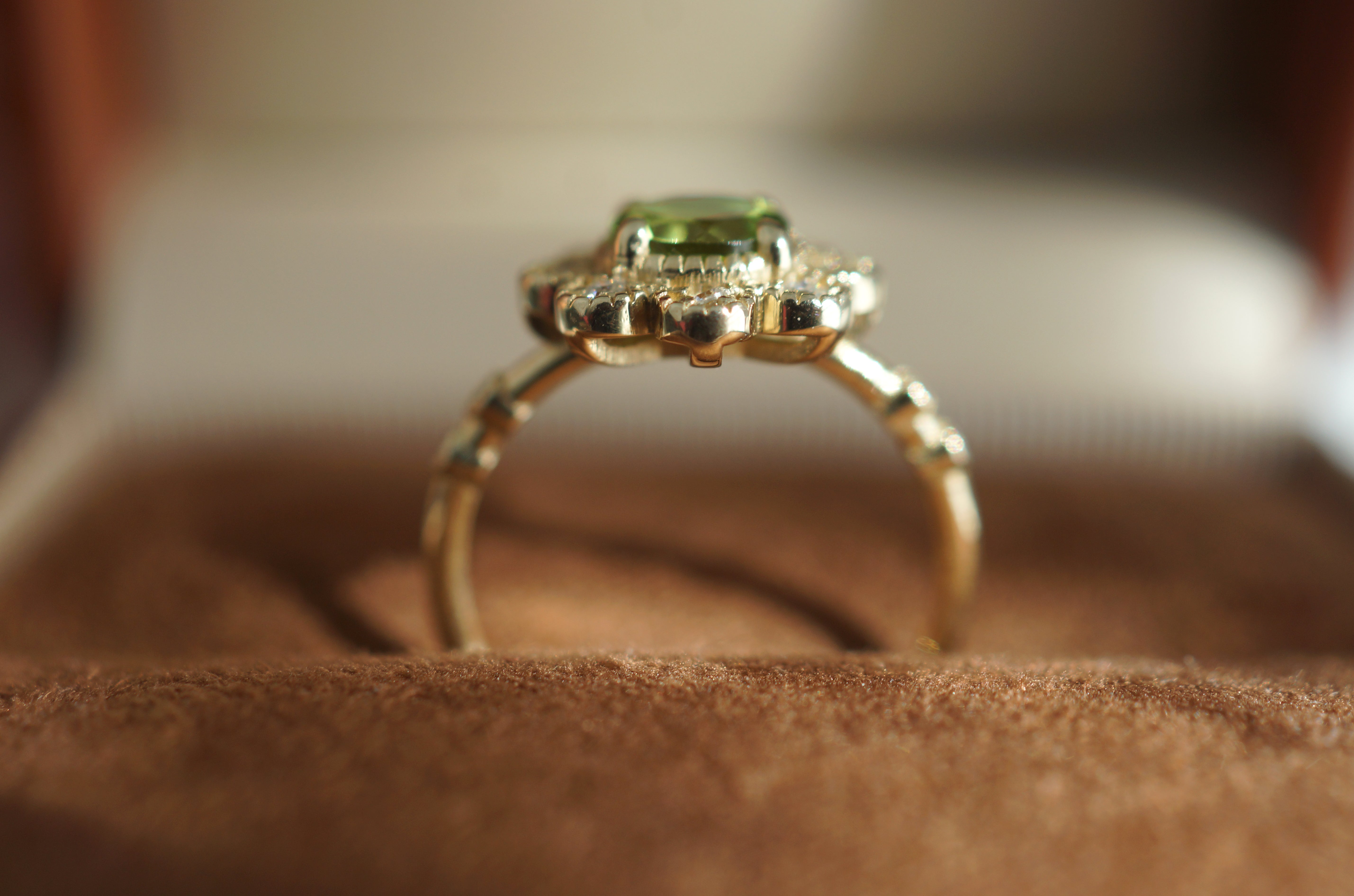 Evergreen Spark Green Peridot ring, Peridot Engagement ring