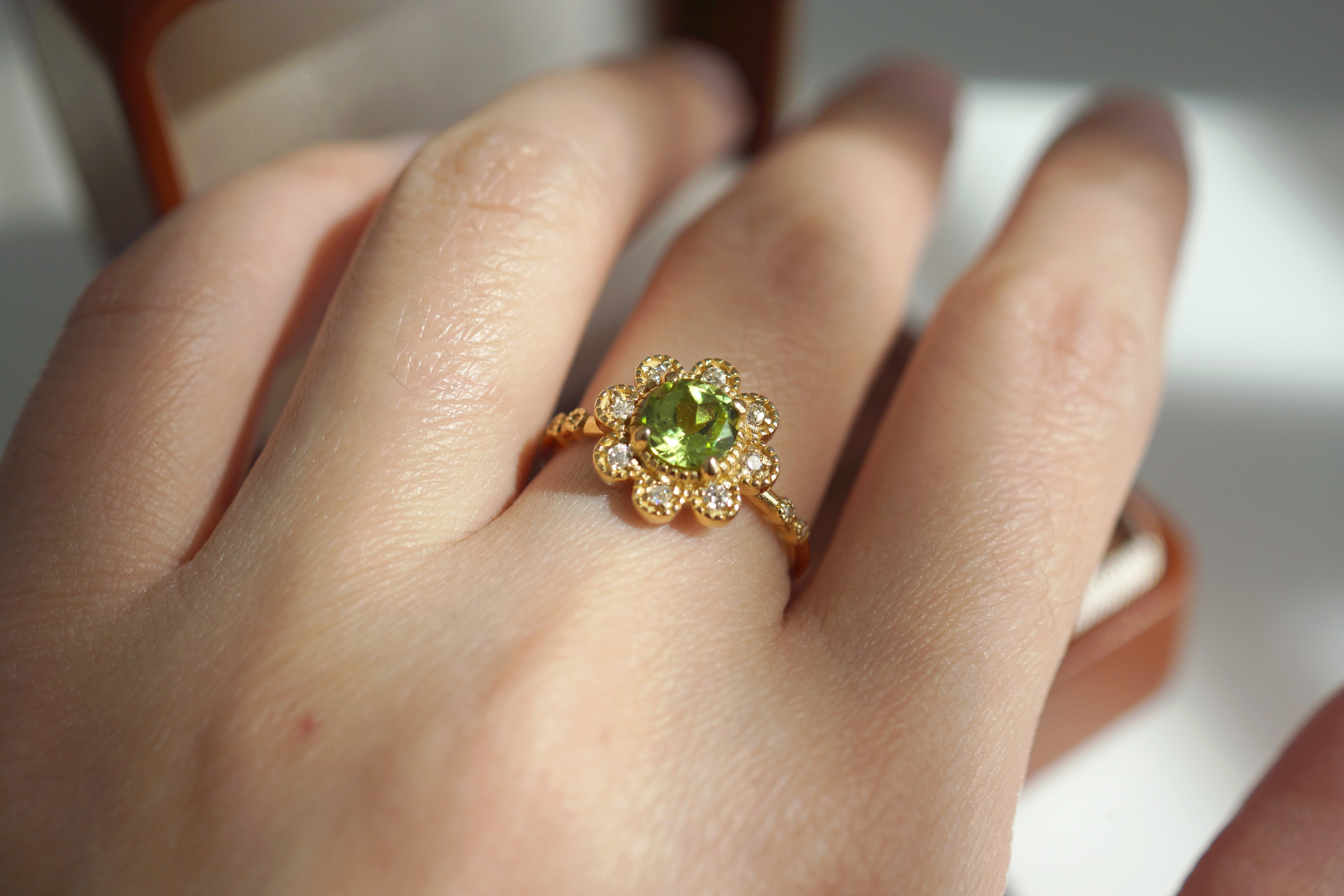 Evergreen Spark Green Peridot ring, Peridot Engagement ring