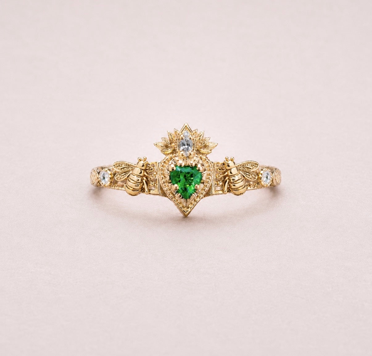 Yellow Gold Heart Tsavorite Ring, Green Tsavorite engagement ring