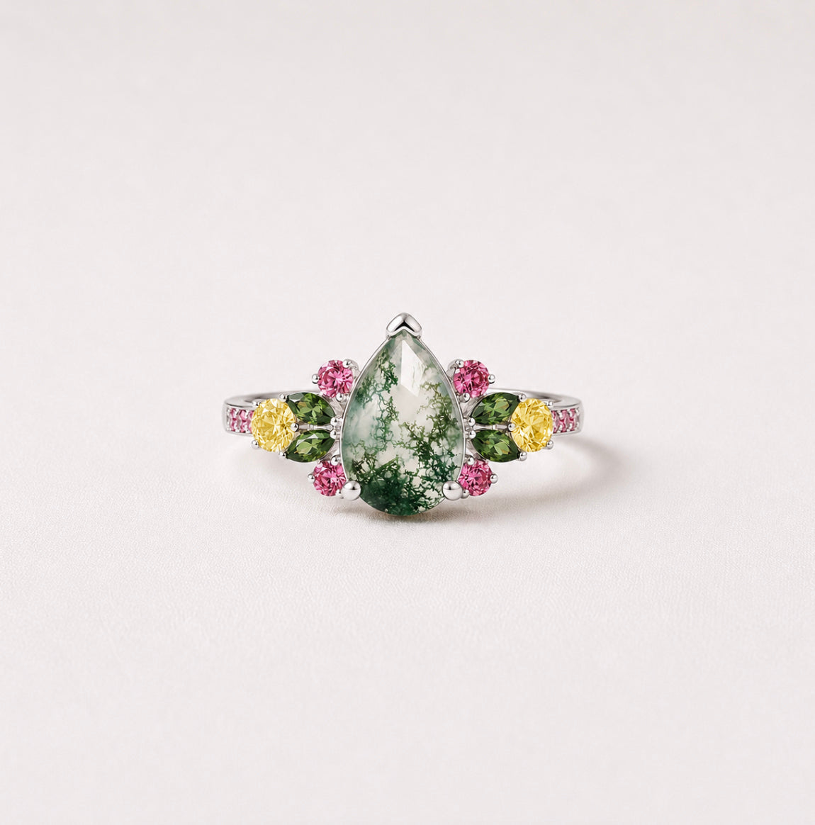 Moss Agate Ring, Pear cut Moss agate Engagement ring, Moss agate Garden Ring