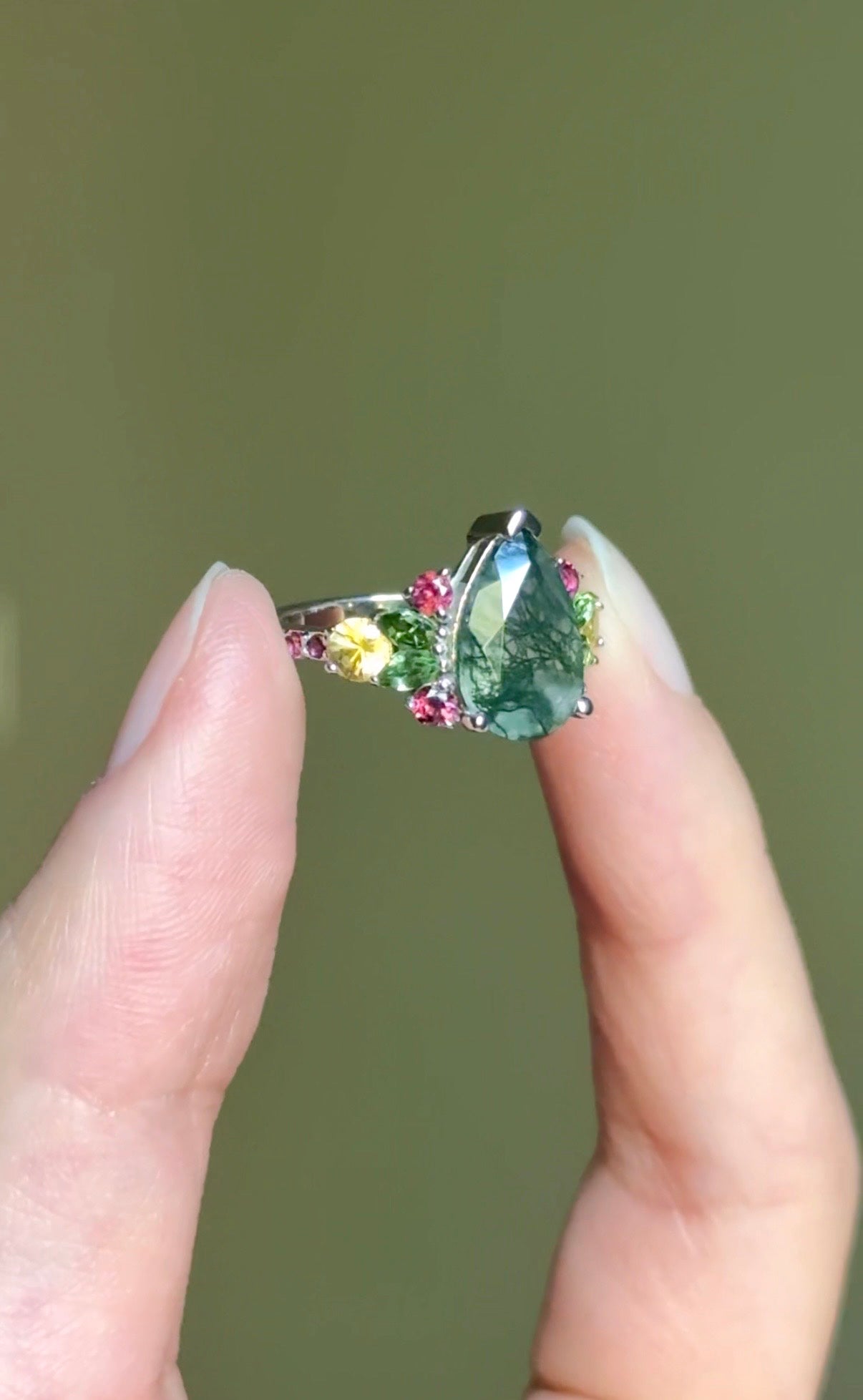 Moss Agate Ring, Pear cut Moss agate Engagement ring, Moss agate Garden Ring