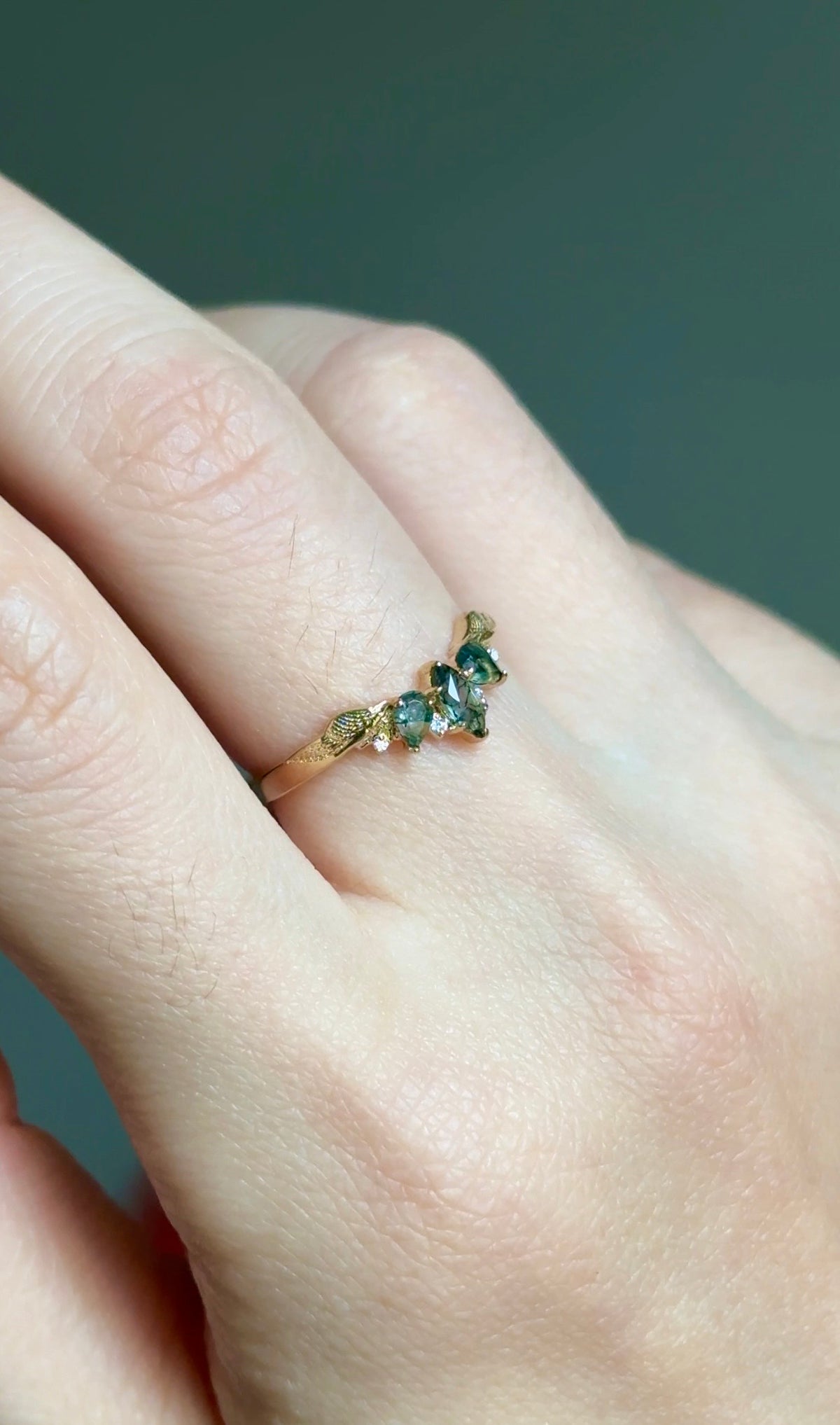 14k Gold Moss agate Wedding ring, Curved Moss agate matching Band
