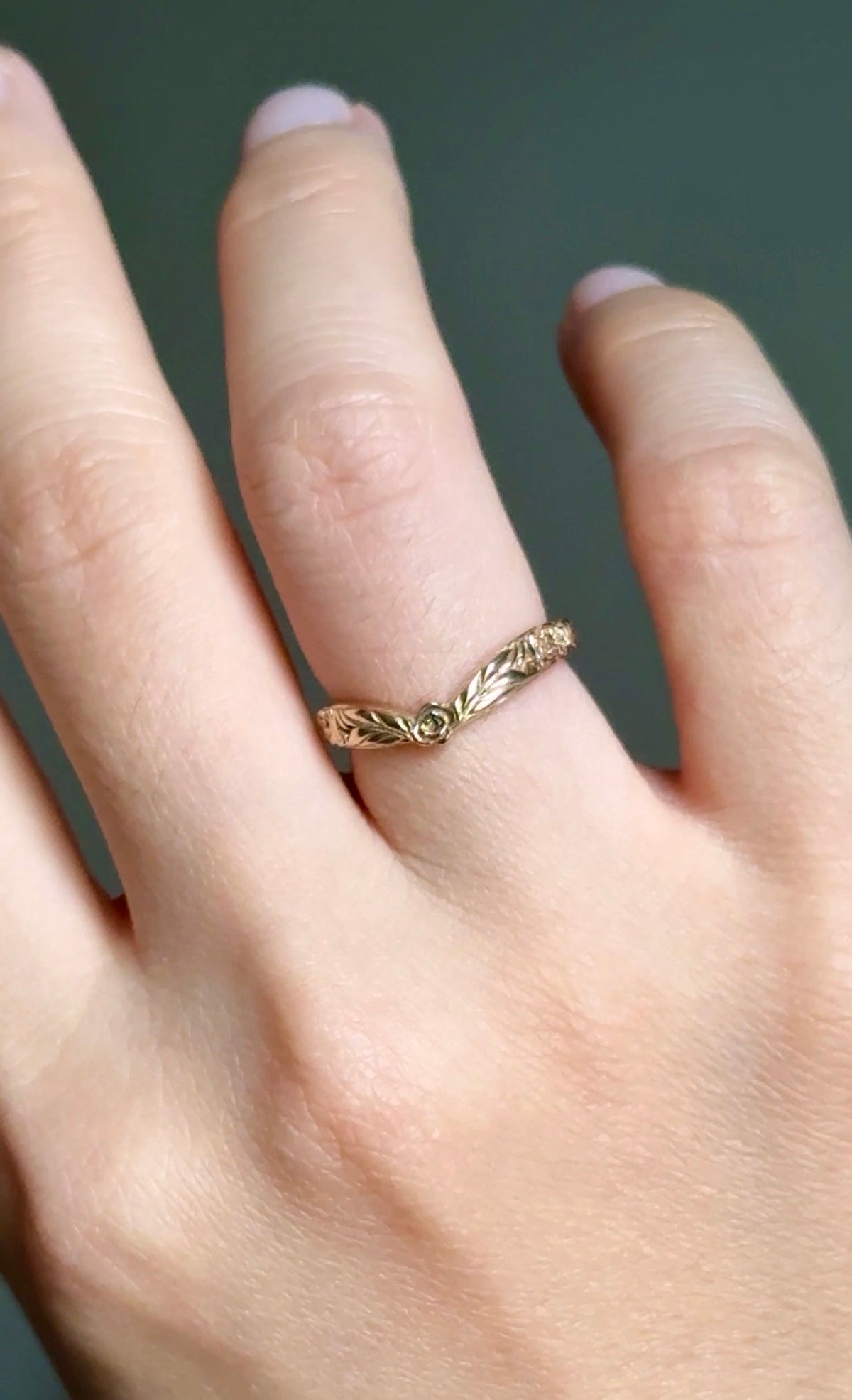 Whispering Glade 14k Gold Engraved Wedding Band For Women, Floral Leaf Matching Wedding Ring