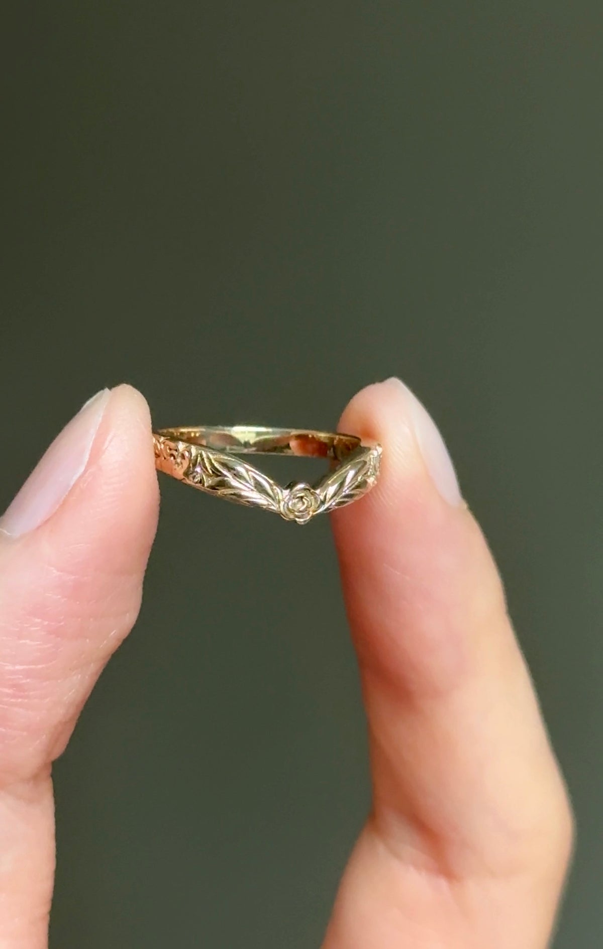 Whispering Glade 14k Gold Engraved Wedding Band For Women, Floral Leaf Matching Wedding Ring
