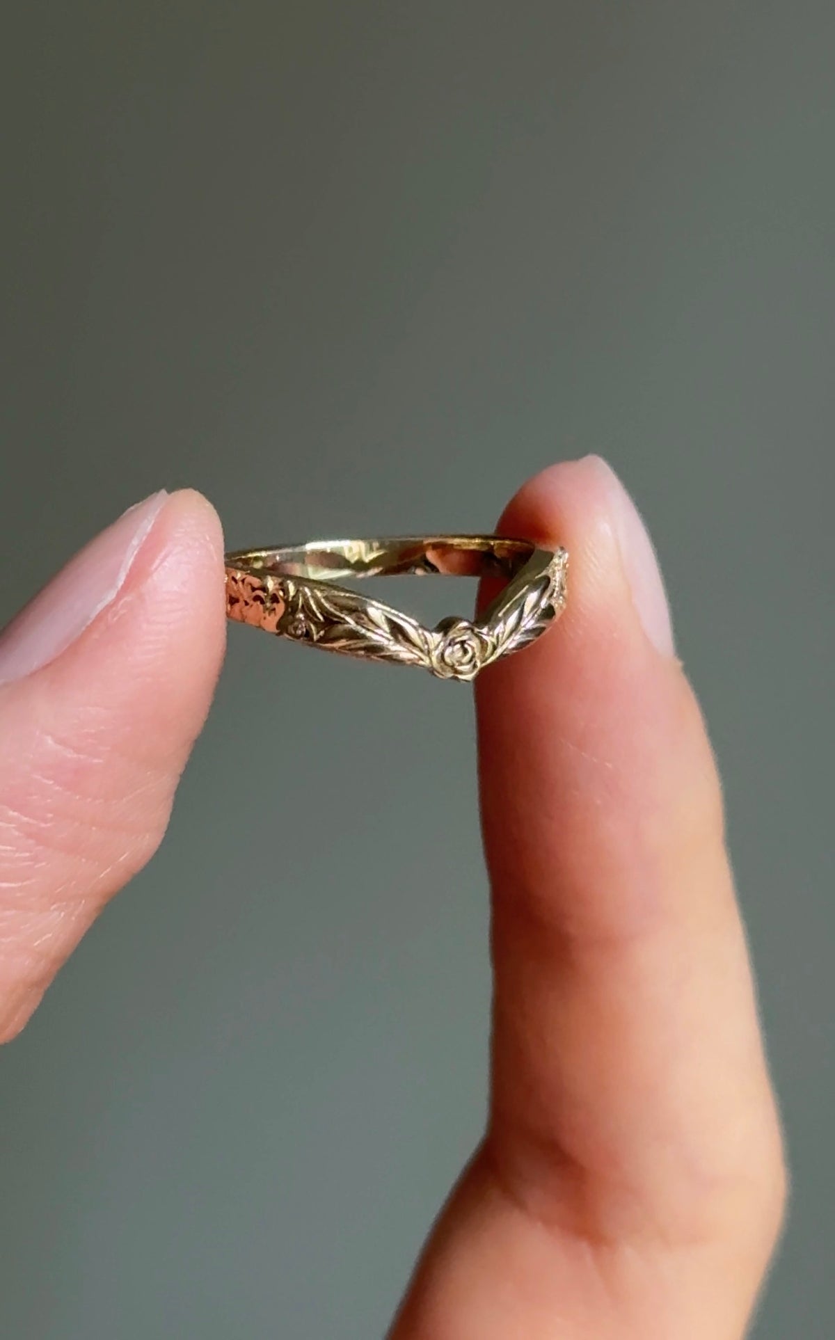 Whispering Glade 14k Gold Engraved Wedding Band For Women, Floral Leaf Matching Wedding Ring