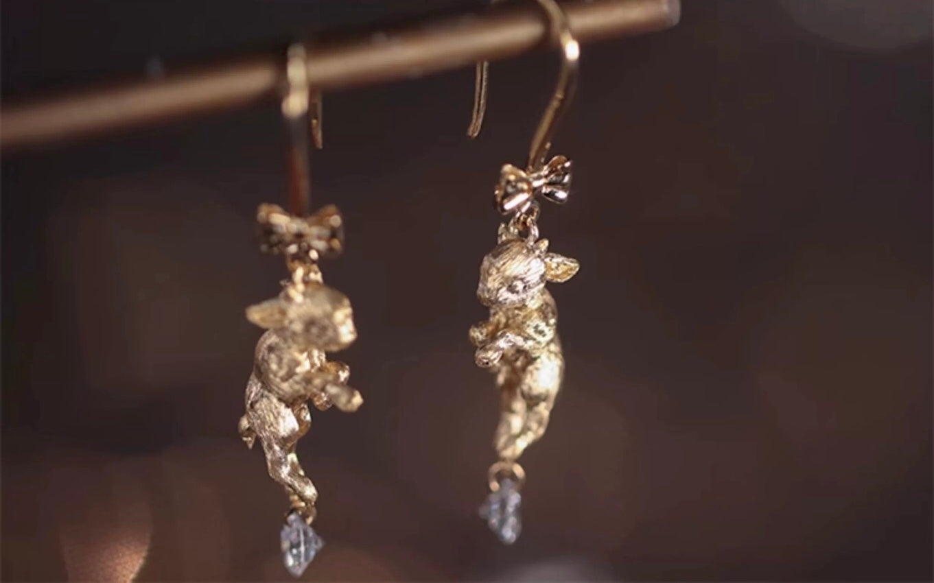 Late for Tea 18k Gold White Rabbit earrings, Alice in Wonderland earrings