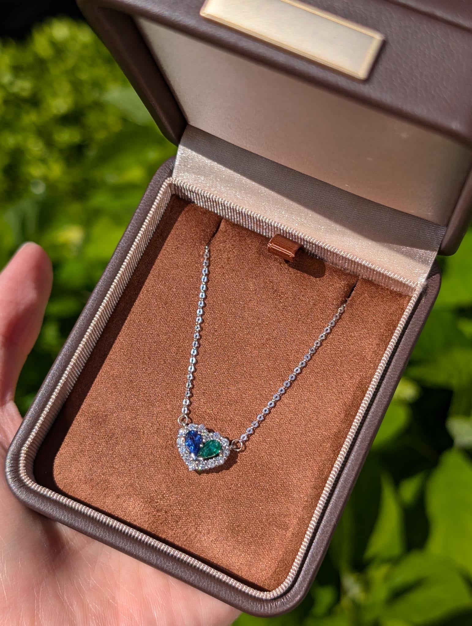 Ready to Ship 18k White Gold Sapphire and Emerald Necklace