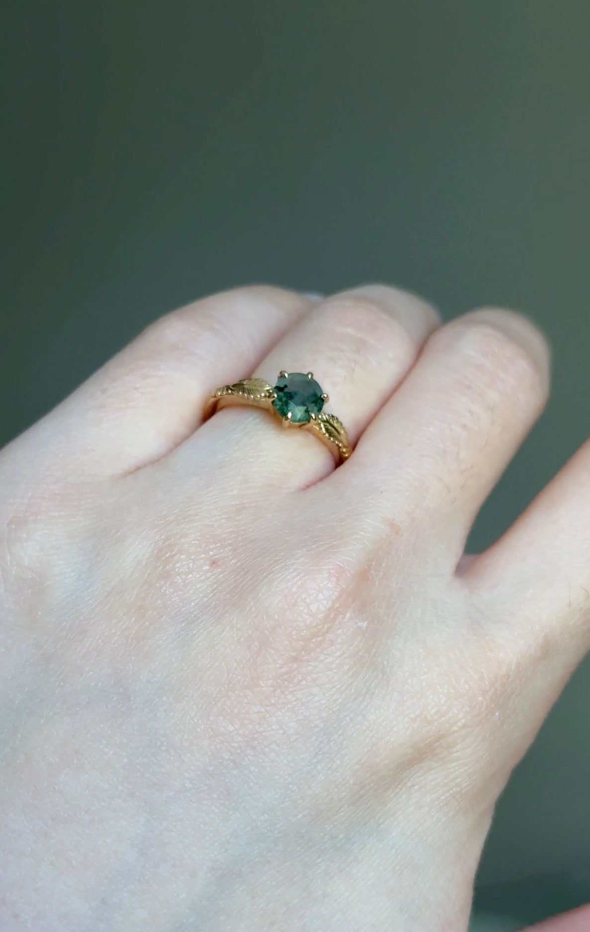 Elaren Ring 14k Round Moss agate Engagement ring, Moss agate Engraved Ring