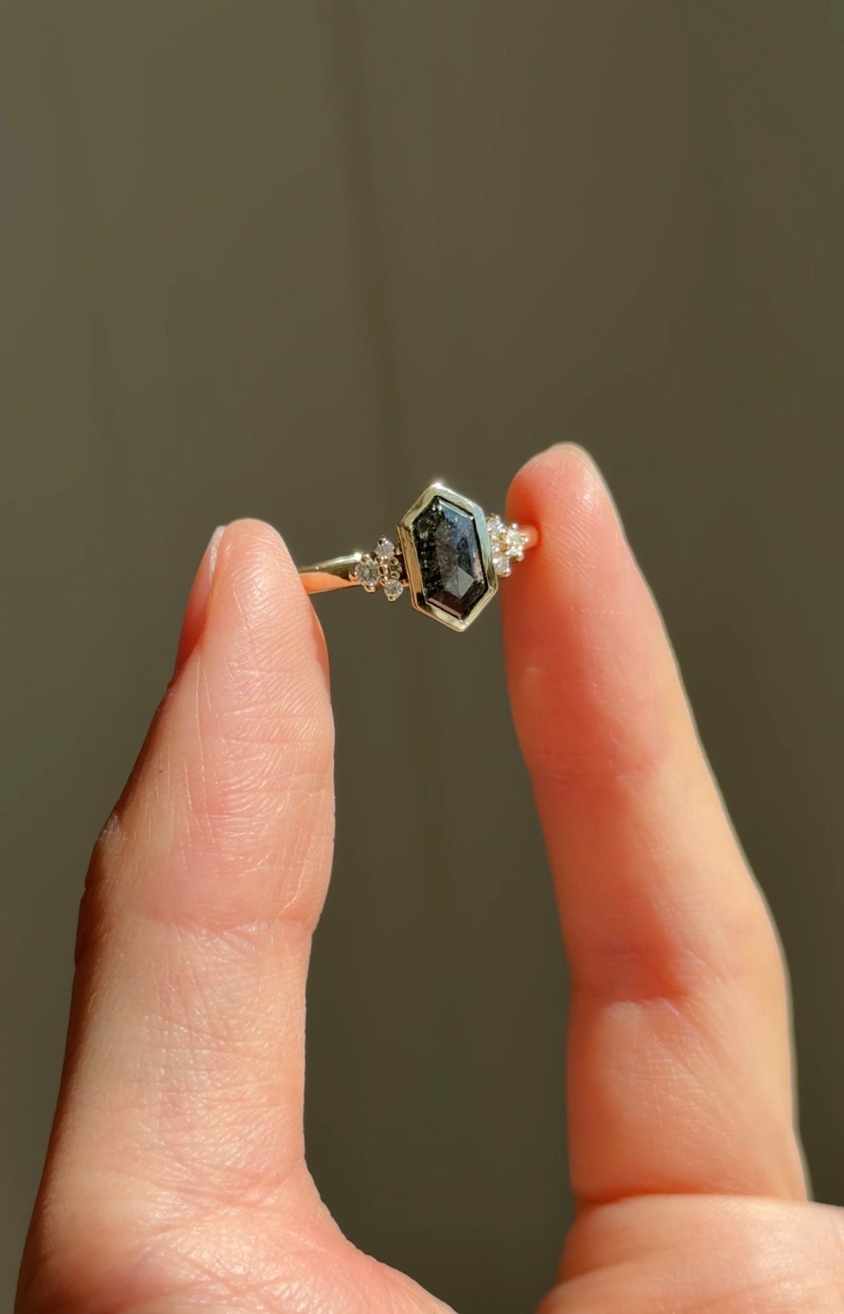 Phantom Ring Black Hexagon Salt and Pepper Diamond Ring, Diamond Engagement Ring