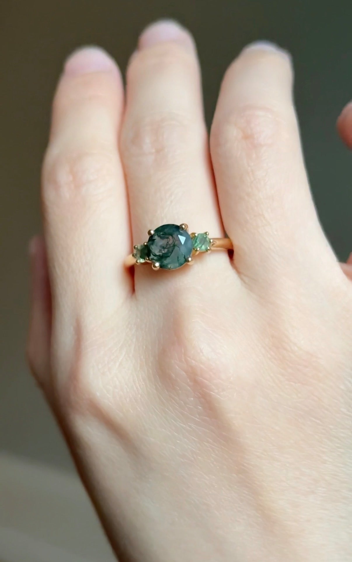 14k Gold Round Moss agate ring with diamond, Engagement ring, Moss agate Ring