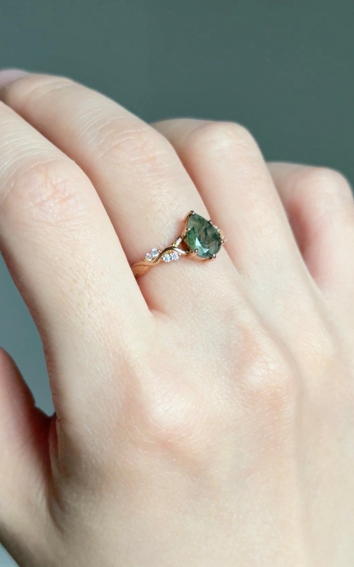 14k Gold Pear Moss agate ring with diamond, Engagement ring, Moss agate Ring
