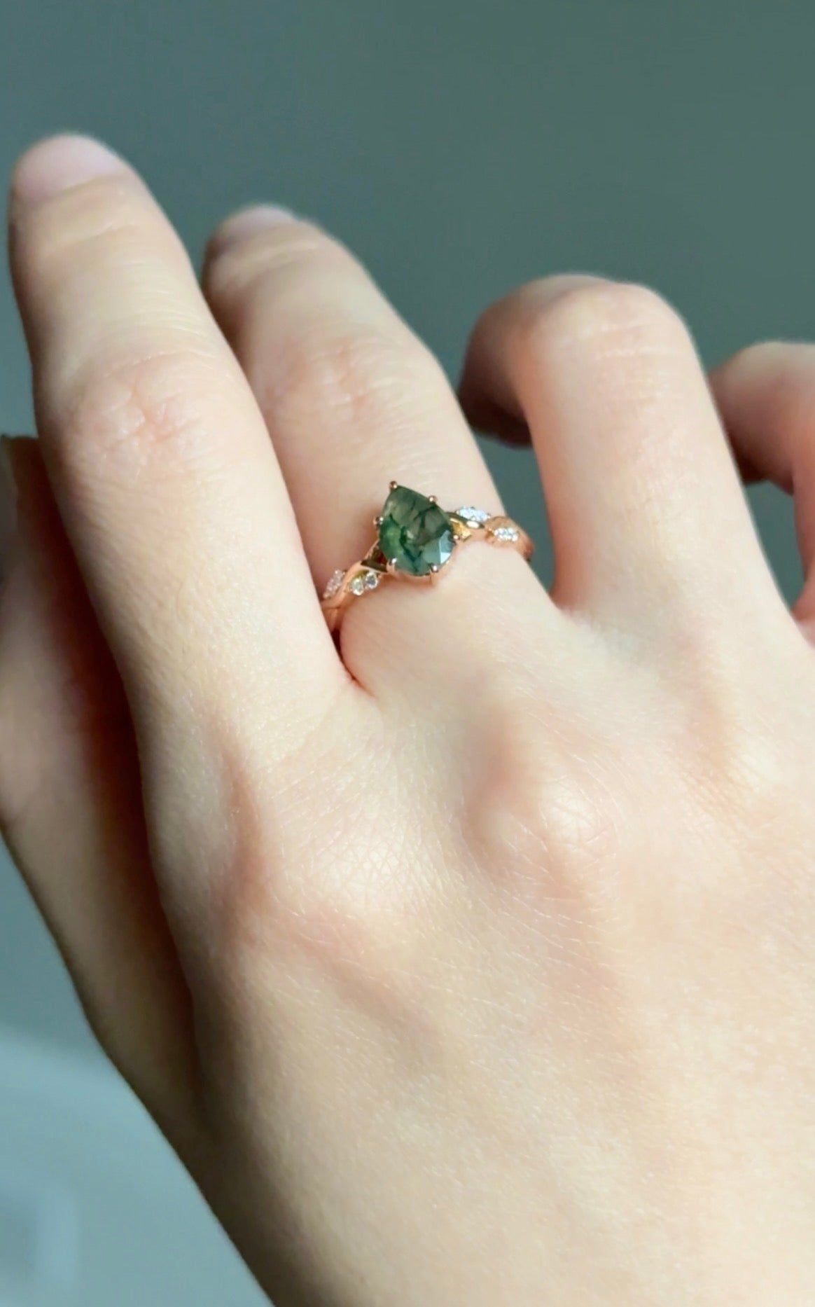 14k Gold Pear Moss agate ring with diamond, Engagement ring, Moss agate Ring