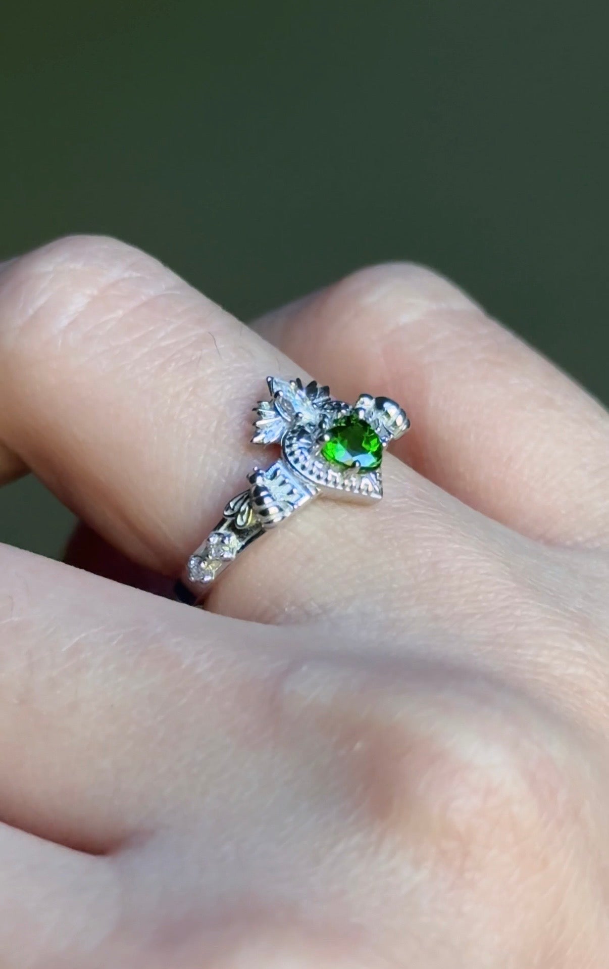 Yellow Gold Heart Tsavorite Ring, Green Tsavorite engagement ring