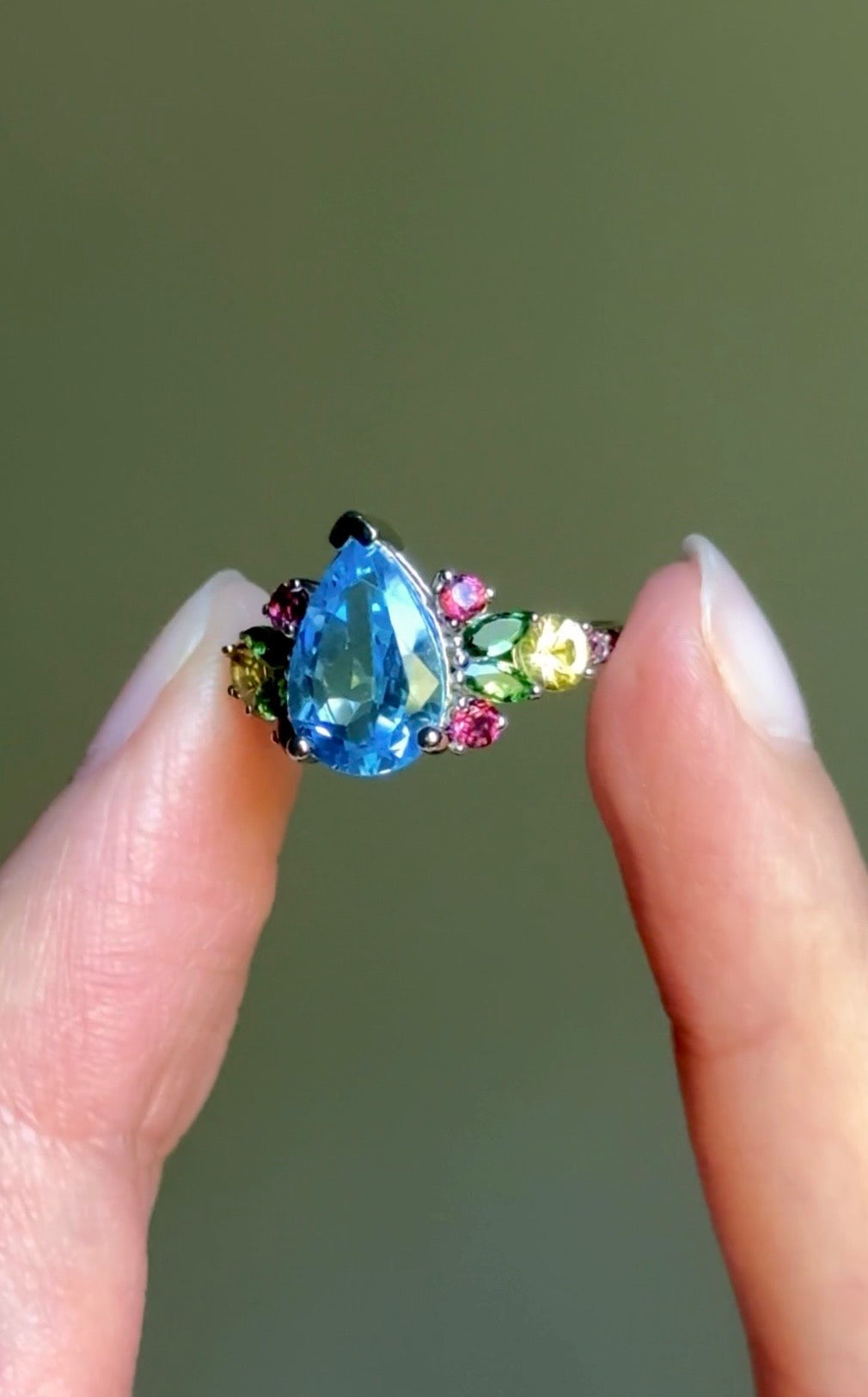 Pear cut Blue Topaz Engagement Ring, Topaz Engagement ring, Nature Inspired Leafy Engagement Ring