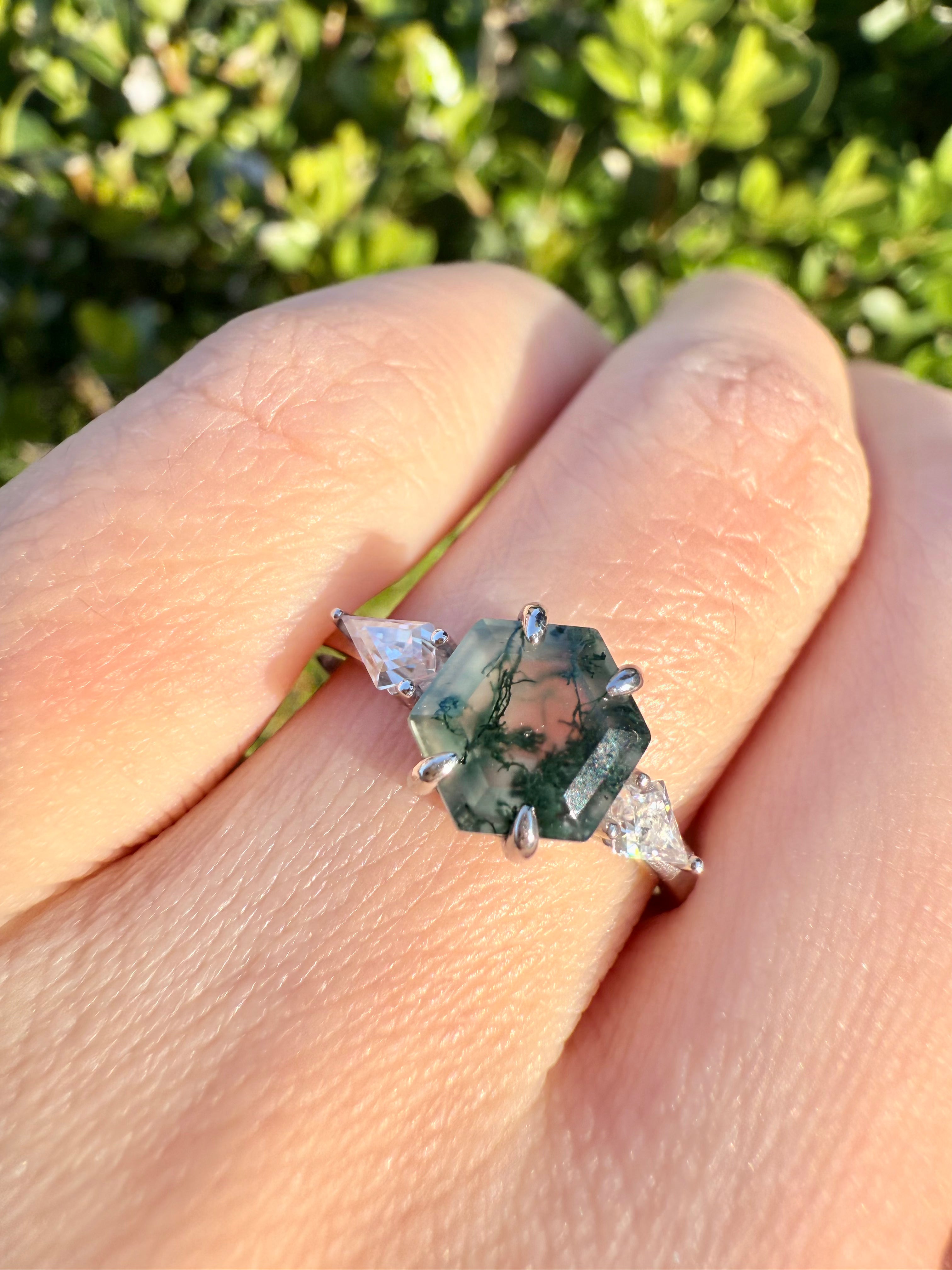 14k Gold Hexagon Moss agate ring, Engagement ring, Moss agate Ring