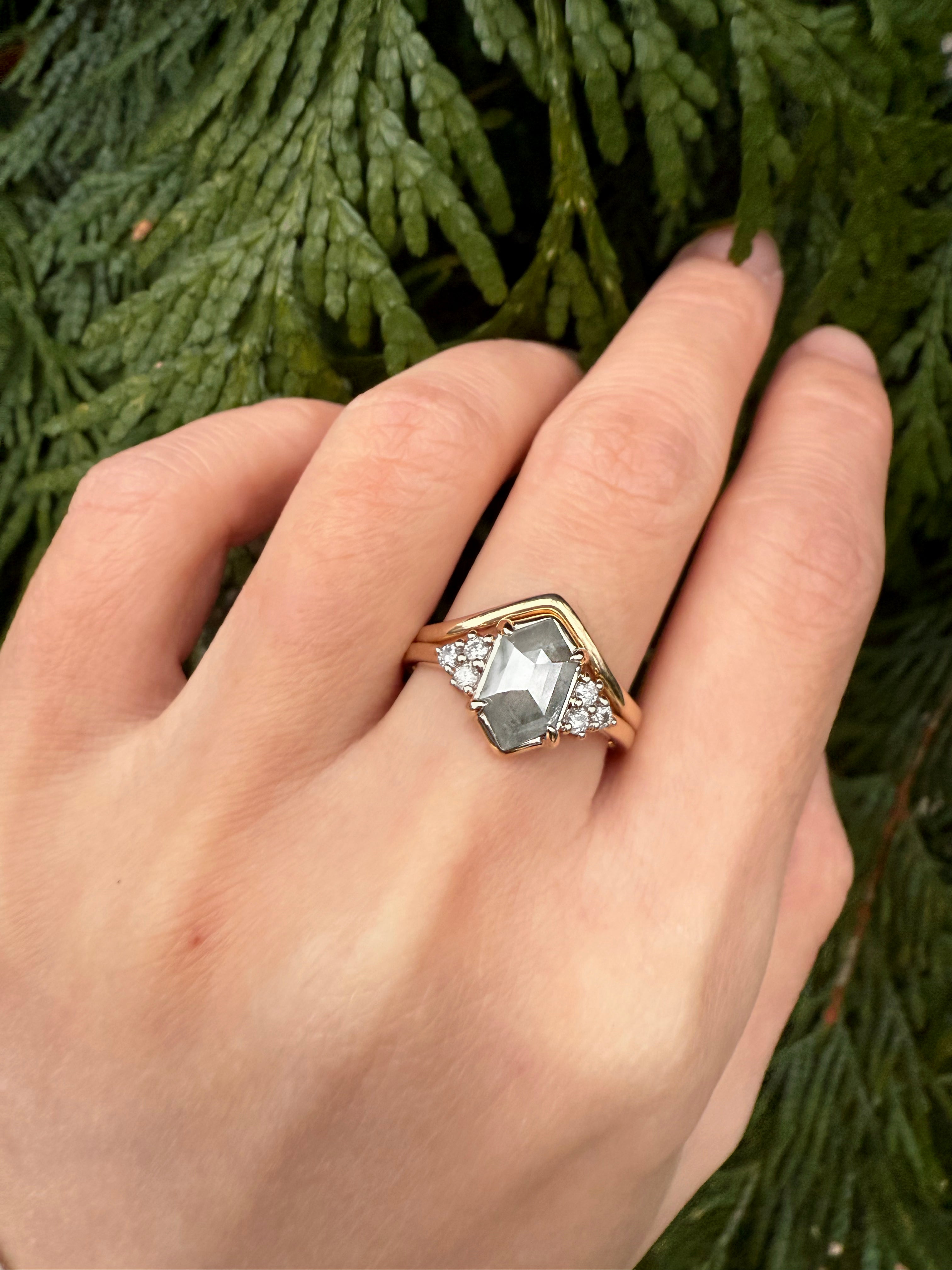 Hexagon Salt and Pepper Diamond Ring, Gold Diamond Engagement Ring Matt Finish