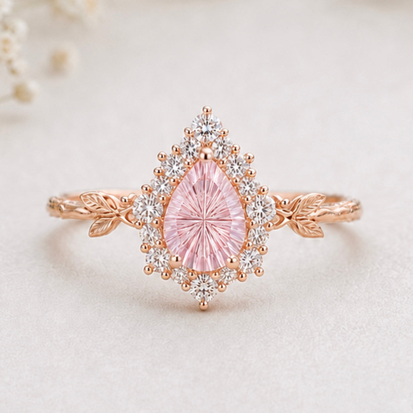 Lab-grown Padparadscha Pink Sapphire Engagement ring, Pear cut Pink Sapphire ring