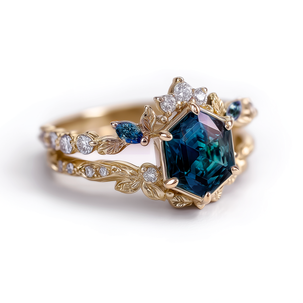 The Callista Set Sapphire Wedding ring, 14k Gold Hexagon Sapphire Ring