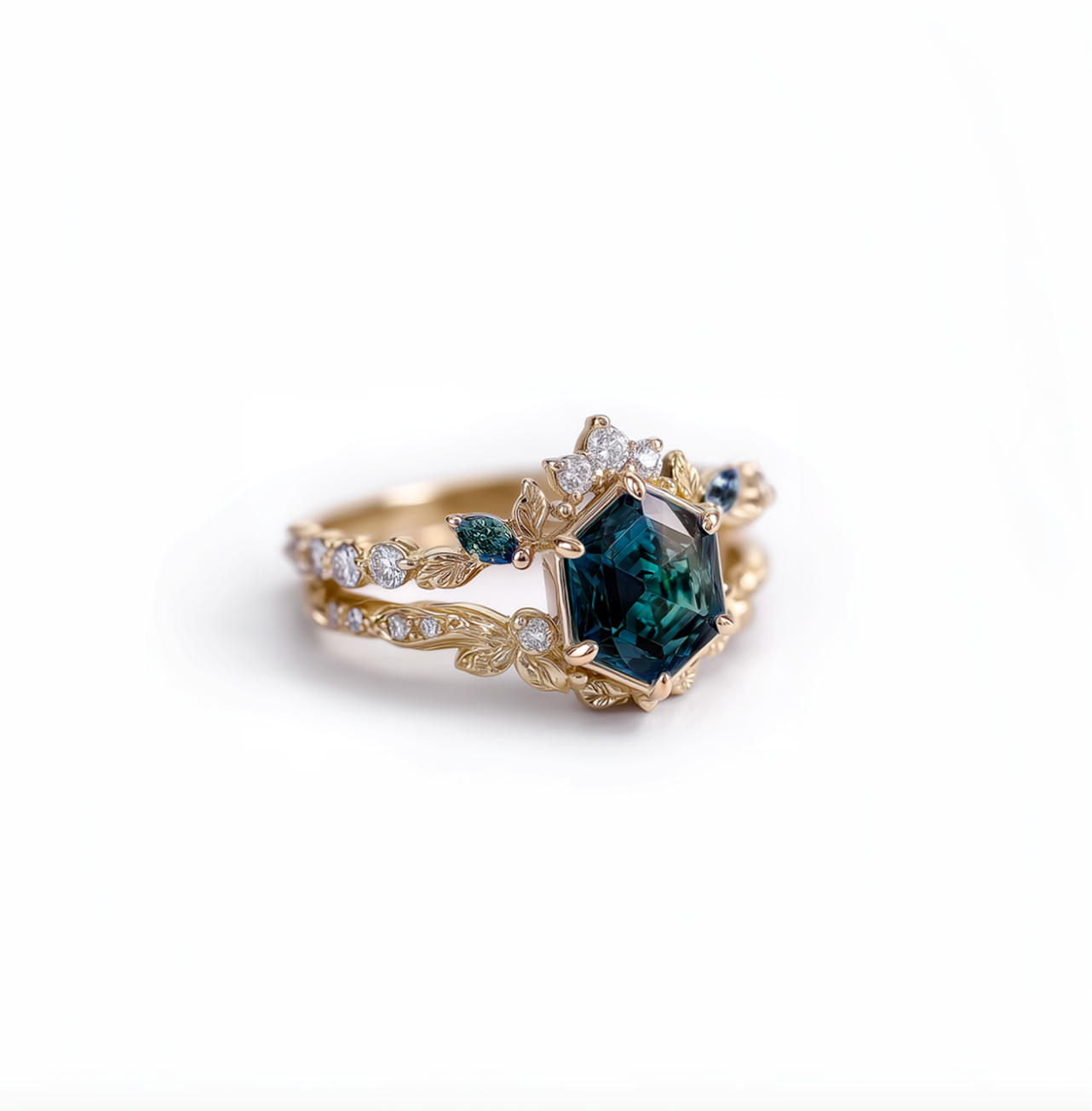 The Callista Set Sapphire Wedding ring, 14k Gold Hexagon Sapphire Ring