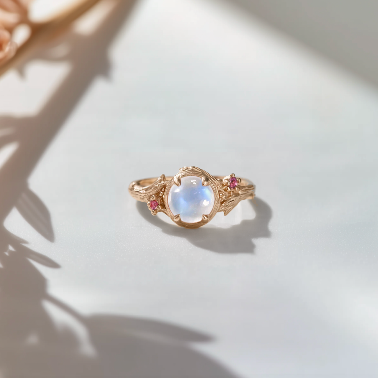 Round Moonstone Engagement Ring Gold, Leafy Moonstone Ring