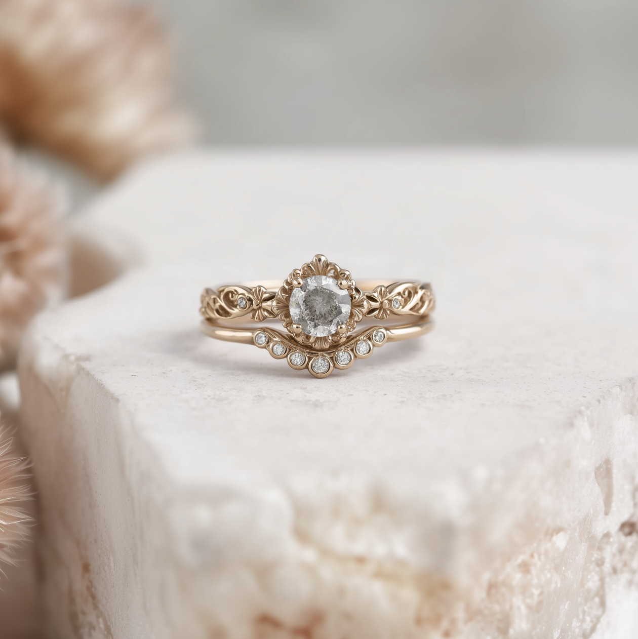 The Botanica Set, Light Grey Salt and Pepper Diamond Wedding Rings, Diamond Engagement Ring
