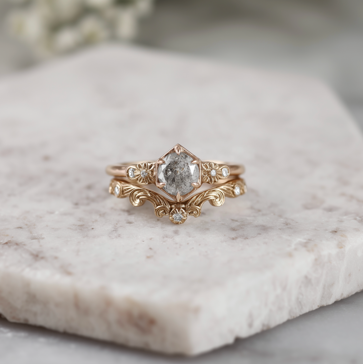 Rose Gold Wedding Set, Salt and Pepper Diamond Wedding Rings, Nature inspired Diamond Engagement Ring