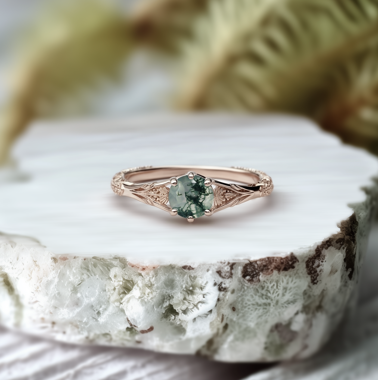 Maple Ring 14k Round Moss agate Engagement ring, Moss agate Engraved Ring