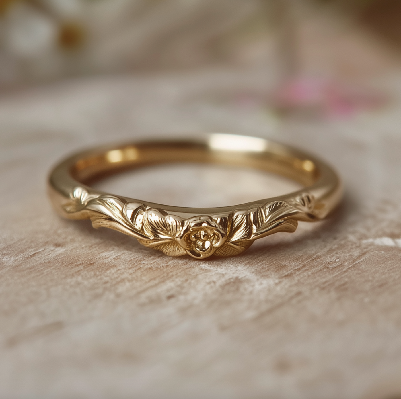 Enara’s Garden 14k Gold Engraved Wedding Band For Men and Women, Floral Leaf Matching Wedding Ring