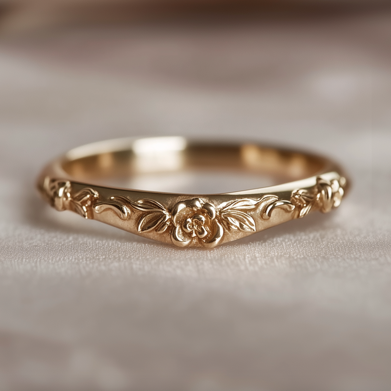 Simple 14k Gold Engraved Wedding Band, Floral Leaf Matching Wedding Ring