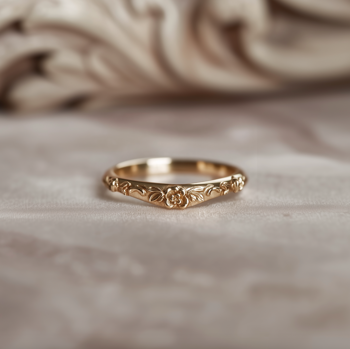 Simple 14k Gold Engraved Wedding Band, Floral Leaf Matching Wedding Ring
