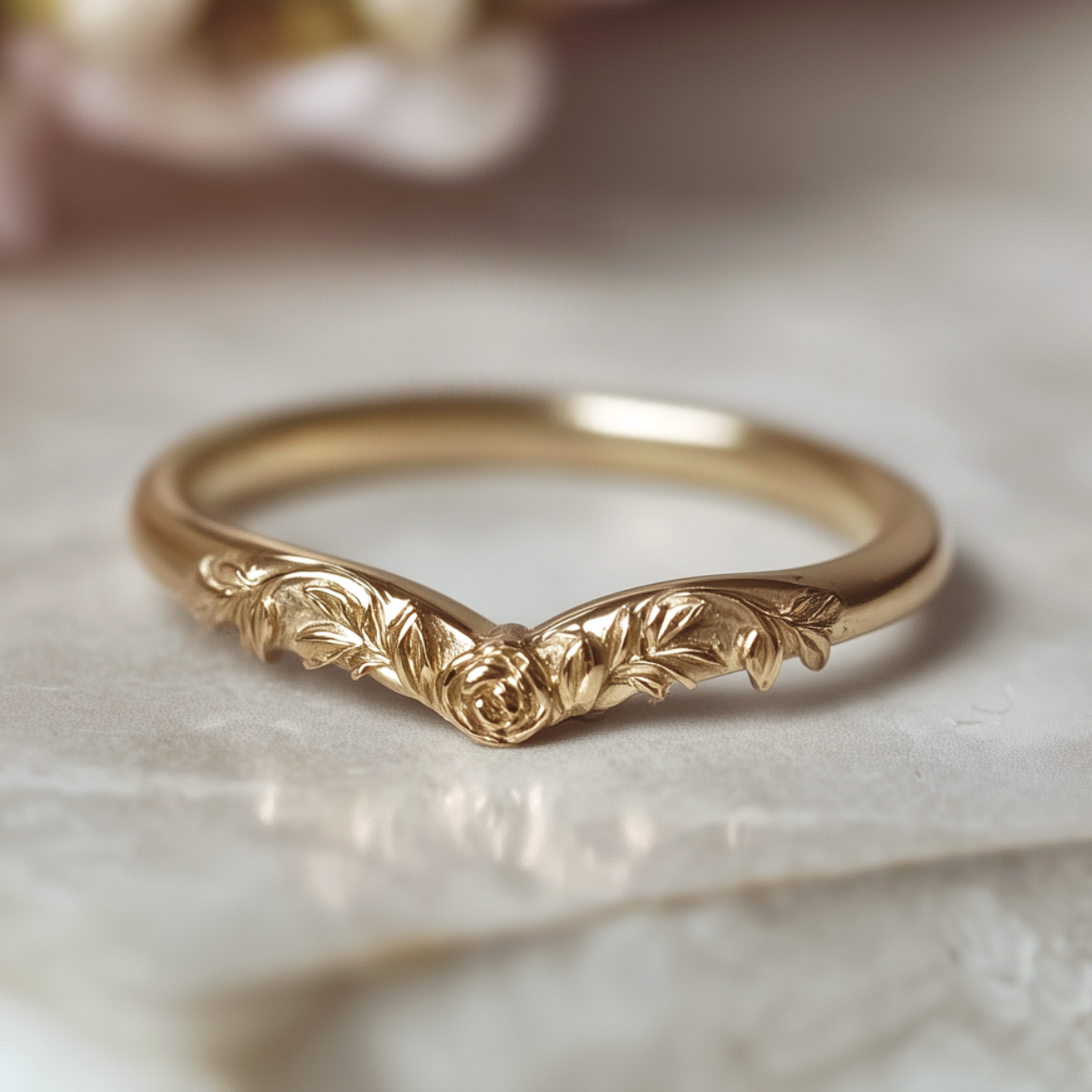 Night Rose 14k Gold Engraved Wedding Band, Slightly Curved Floral Leaf Matching Wedding Ring