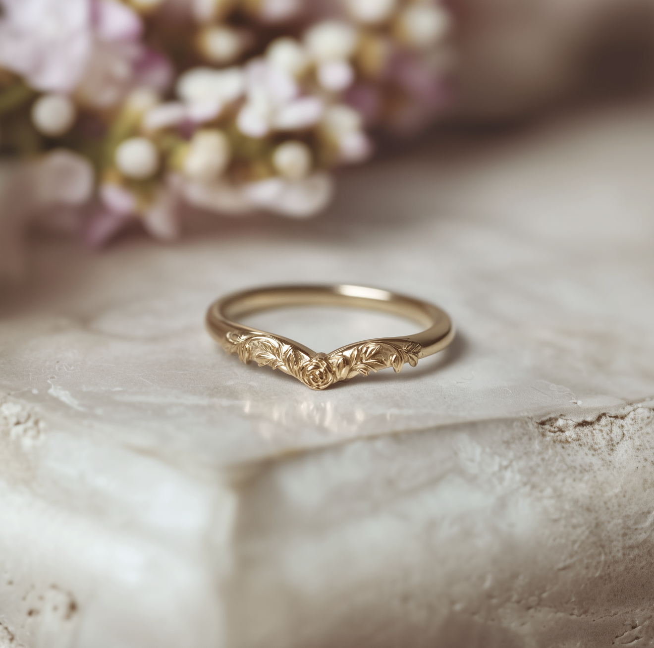 Night Rose 14k Gold Engraved Wedding Band, Slightly Curved Floral Leaf Matching Wedding Ring