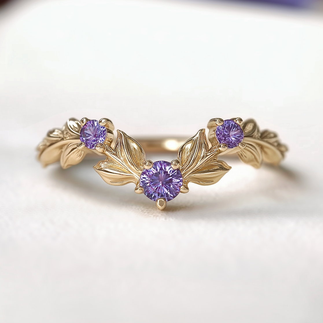 14k Gold Curved Amethyst Wedding Band, Natural Amethyst Wedding Stackable Ring