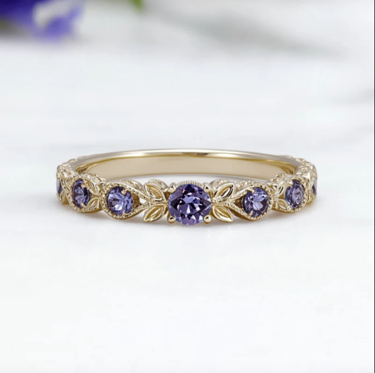 14k Gold Engraved Amethyst Wedding Band, Natural Amethyst Wedding Stackable Ring