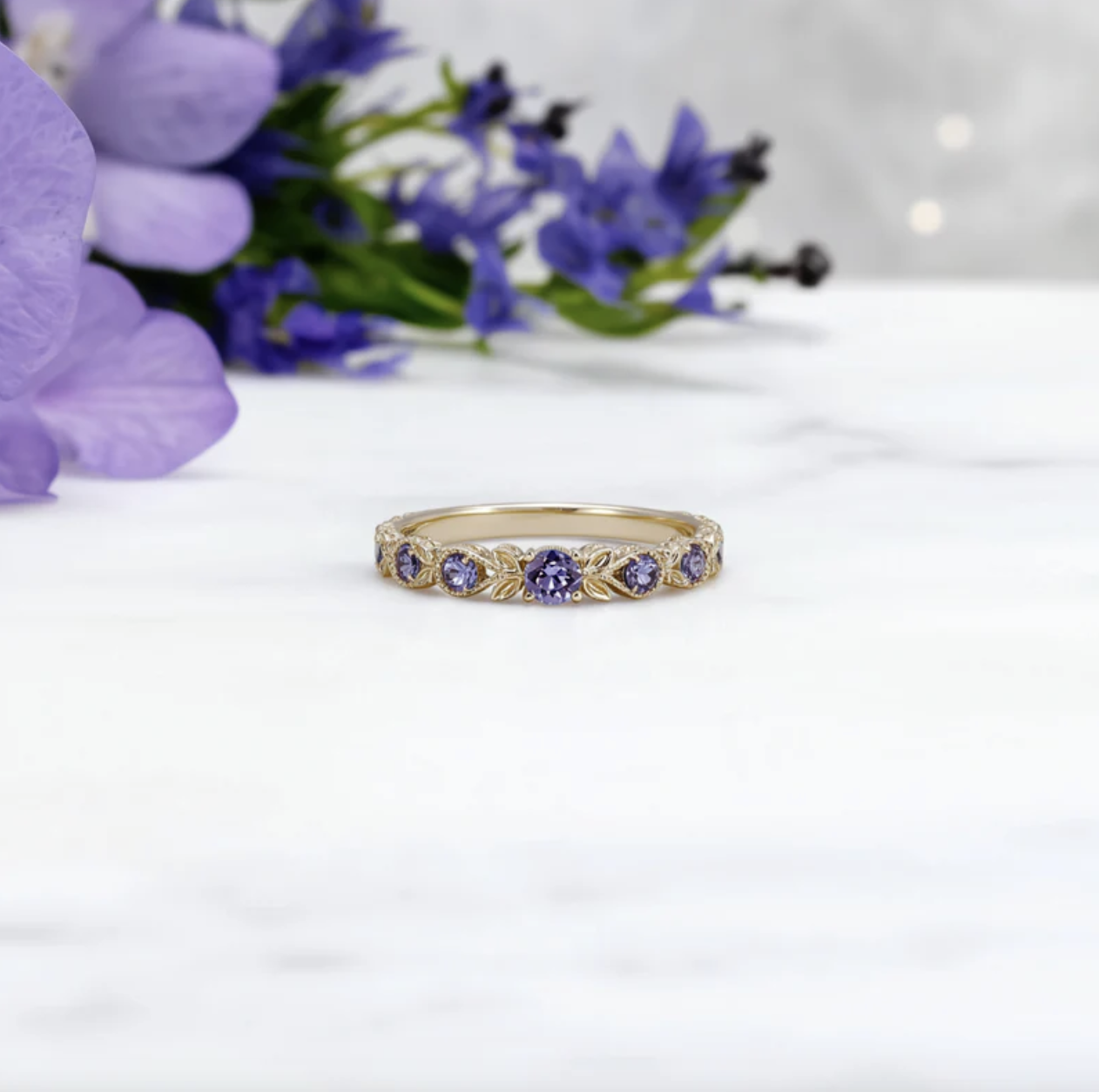 14k Gold Engraved Amethyst Wedding Band, Natural Amethyst Wedding Stackable Ring