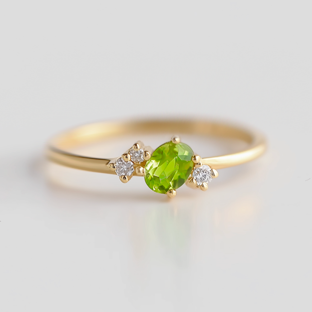 Oval Dainty Green Peridot ring, Solid 14k Gold Peridot Engagement ring