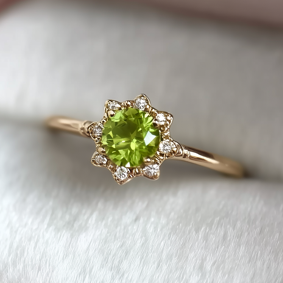 Lucky Star Green Peridot ring, Solid 14k Gold Peridot Engagement ring