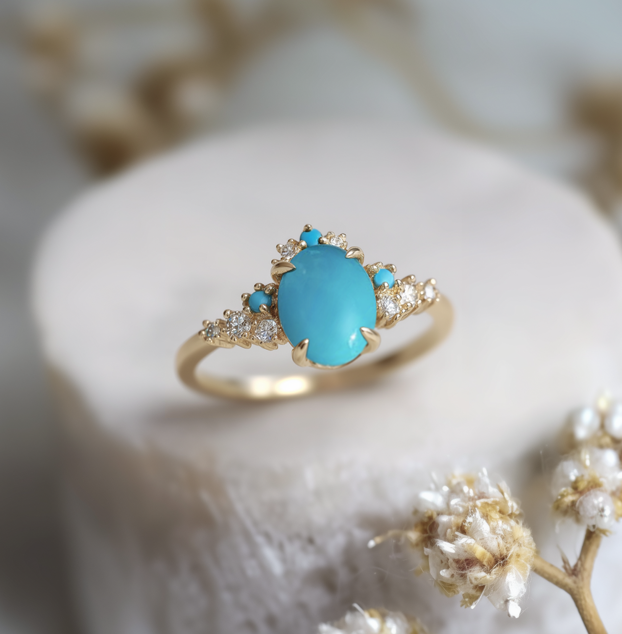 Yellow Gold Blue Turquoise Engagement ring, Natural Turquoise Engagement ring, Turquoise Wedding Ring